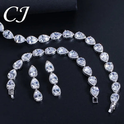 CANDICE Classic Zirconia Wedding Jewelry Sets For Bridal Luxury Teardrop CZ Stone White Gold Plated Party Chocker Necklace Earrings and Bracelet Set