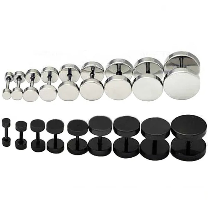 Punk Style Black Silver Stud Earrings Unisex Man Woman Earrings round Barbell Ear Stud Fashion Ear Piercing Jewelry Fake Plug 1 Pair