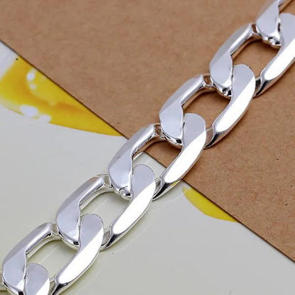 2PCS (Bracelet + Necklace) 925 Sterling Silver Smooth Flat Sideways Chain Necklace Fashion Luxury Exaggerated 16"-30" Fashion Exquisite Jewelry Sets for Women and Men