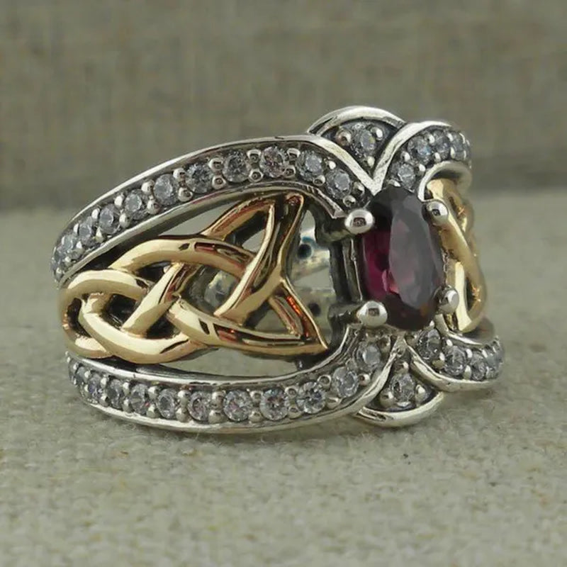 Vintage Women's Fashion Two Tone  Silver & Gold Red Ruby & Blue Sapphire Celtic Ring Anniversary Gift Engagement Bridal Wedding Jewelry Rings Size 5-10