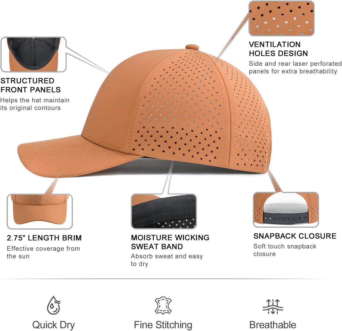 Men Quick Dry Baseball Cap Laser Cut Mesh Ball Curved Brim Snapback Hat