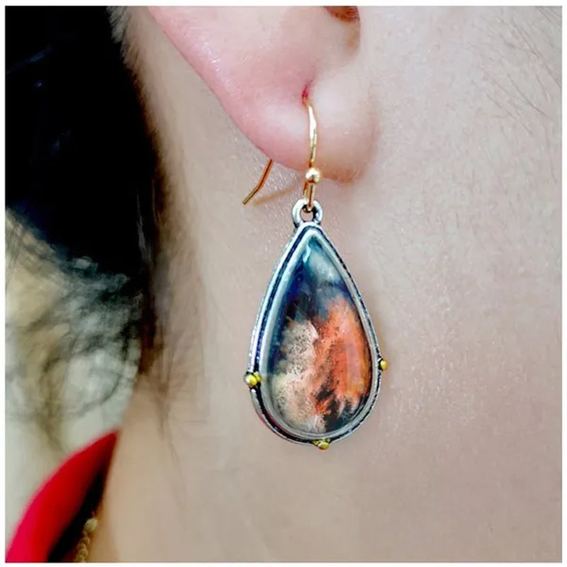 1 pair Antique 925 Sterling Silver Pendant Earrings Natural Gemstone Inlay Dangle Earrings Bridal Engagement Wedding Anniversary Gift  Bohemian Style Earrings