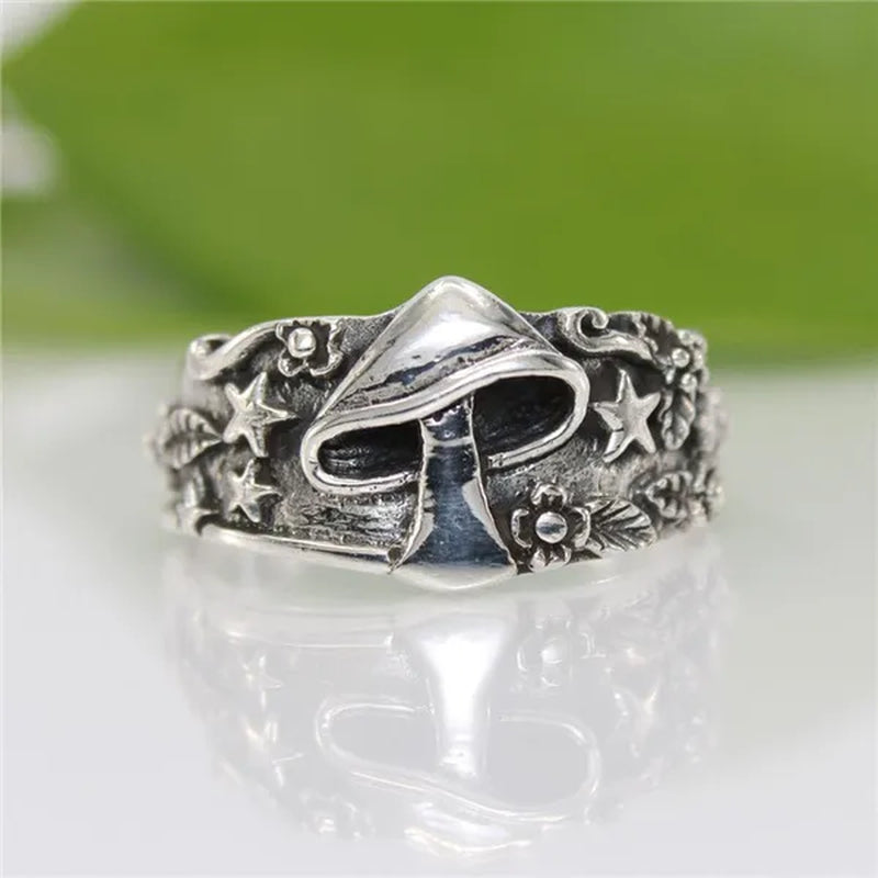 Exquisite Fashion Jewelry 925 Sterling Silver Mushroom and Star Ring Men and Women Wedding Band Engagement Promise Rings Anniversary Birthday Christmas Friendship Gift Couple Jewelry Rings Size 6-13
