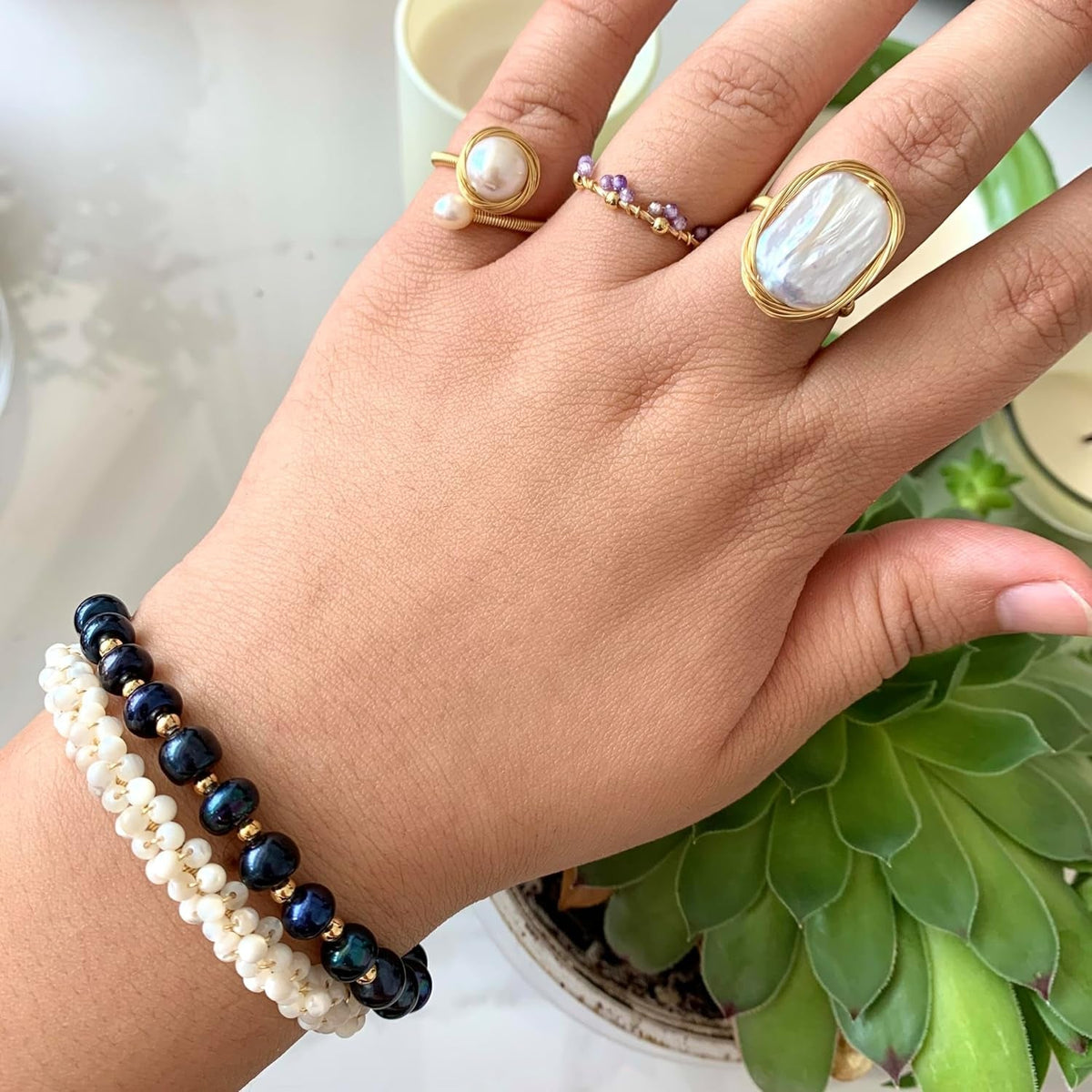 Handcrafted Natural Baroque Pearl Ring Winding Design Opening Adjustable 14K Gold Plated Material Beads