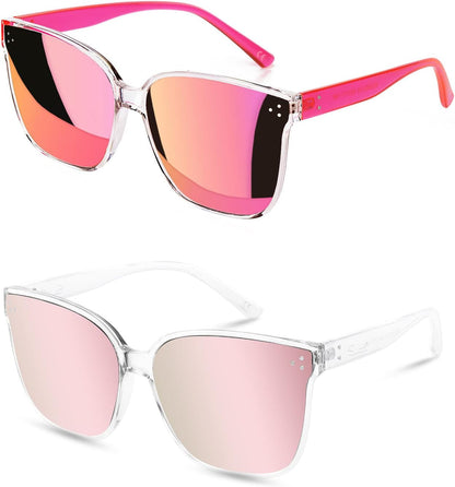 Sunglasses Womens, Oversized Pink Sunglasses for Women with Trendy Mirrored Lens UV400 Blocking
