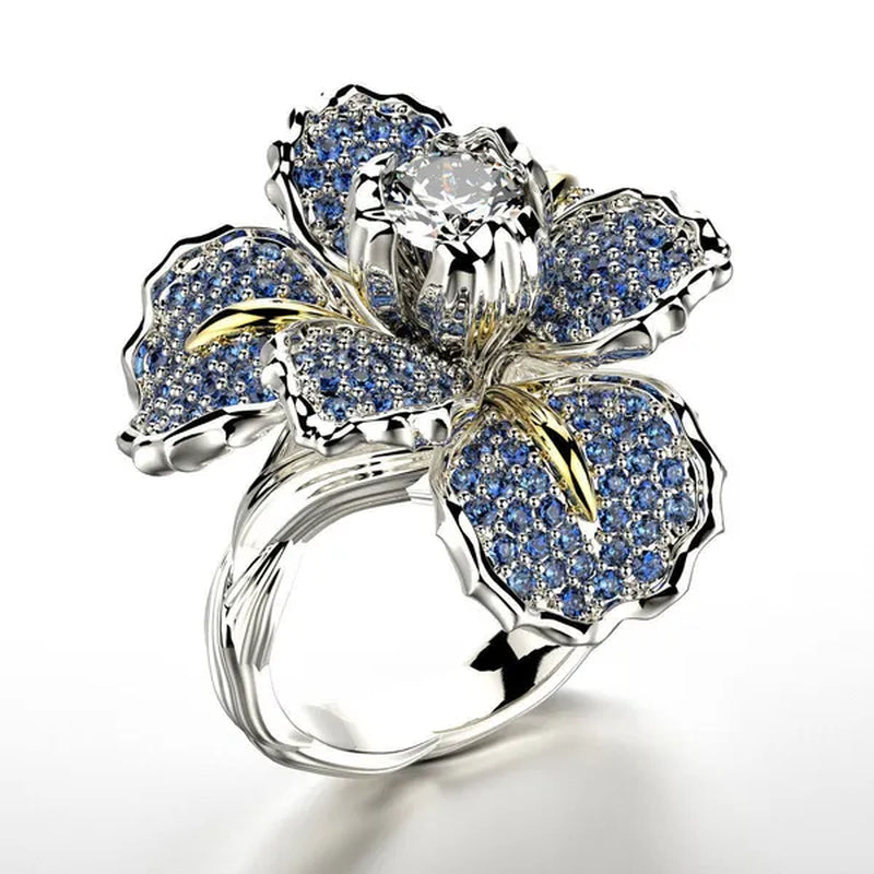 Silver Ring Iris Flower Two Tone Ring Blue Sapphire Flower Engagement Cocktail Ring Statement Crown Ring Natural Gemstones Ring Wedding Bride Engagement Band Charm Party Ring Jewelry