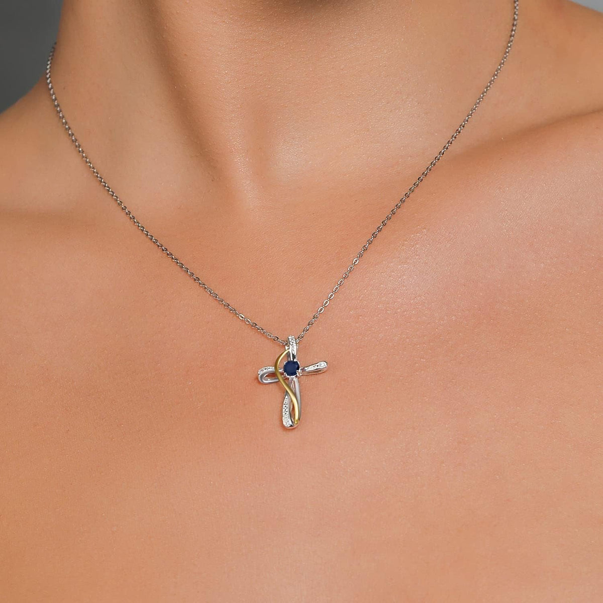 Infinity Cross Necklace for Women | 925 Sterling Silver and 10K Yellow Gold | Gemstone Birthstone and White Lab Grown Diamond Cross Faith Pendant Necklace | with 18 Inch Chain