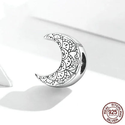 Genuine 925 Sterling Silver Vine & Moon Beads Charm Fit Charm Bracelets DIY