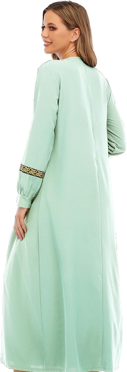 Womens Long Sleeve Ethnic Style Zipper Muslim Dresses Abaya with Hijabs