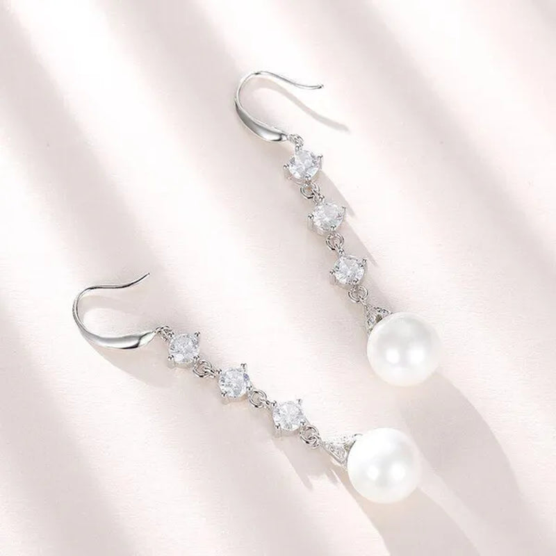 High Quality Temperament White Pearl Eardrop Earrings 925 Sterling Silver Long Earhook White Zircon Ear Jewelry