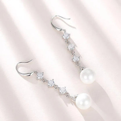 High Quality Temperament White Pearl Eardrop Earrings 925 Sterling Silver Long Earhook White Zircon Ear Jewelry