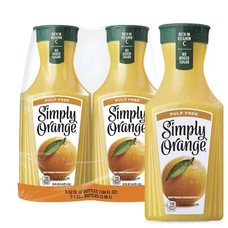 Simply Orange Pulp Free Orange Juice, 52 Fl Oz., 2 Pk.