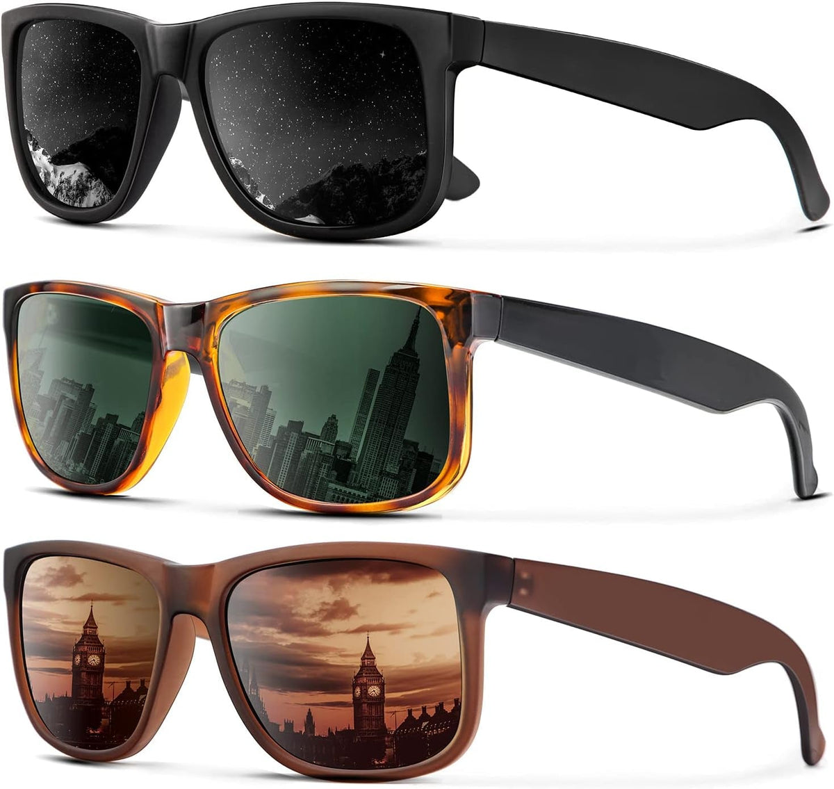 Sunglasses Men Polarized Sun glasses for Mens Womens Classic Matte Black Frame UV Protection 3pack