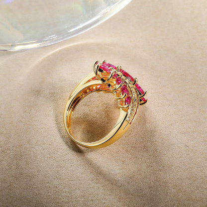 Statement Flower Ring, 14K Gold Plated, Size 6 to 10, Pink, Yellow, Green Leaf Stones, Opal, Sapphire, Ruby, Emerald, Sterling Silver, Cocktail, Engagement, Promise, Party Ring for Women