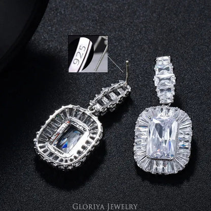 Gloriya Noble Delicate Princess Cut AAA Cubic Zirconia Jewelry Wedding Bridal Silver Plated Drop Earring for Girl Women Party Gift