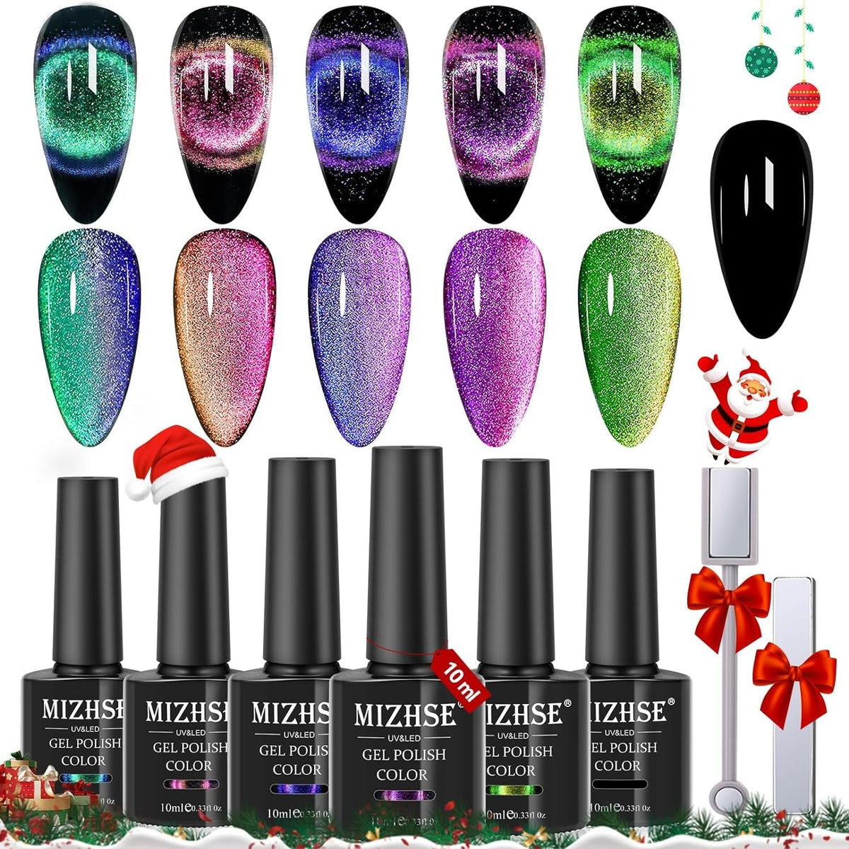 9D Cat Eye Gel Nail Polish, Magnetic Cat Eye Gel Polish Set, 10ml*6 with 2 Magnets, Classic Colors Chameleon Magic Galaxy Effect Soak off Nail Art - Sparkle Stunning Gel Polish Gift for Women