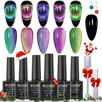 9D Cat Eye Gel Nail Polish, Magnetic Cat Eye Gel Polish Set, 10ml*6 with 2 Magnets, Classic Colors Chameleon Magic Galaxy Effect Soak off Nail Art - Sparkle Stunning Gel Polish Gift for Women