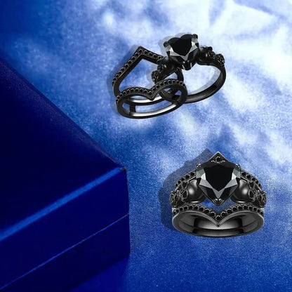 Gothic Skull Black Rings Set Women Rose Flower Red Purple Heart Love Zircon Crystal Christmas Anniversary Jewelry