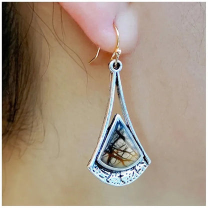 1 pair Antique 925 Sterling Silver Pendant Earrings Natural Gemstone Inlay Dangle Earrings Bridal Engagement Wedding Anniversary Gift  Bohemian Style Earrings