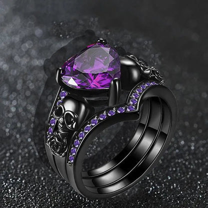 Gothic Black Rose Flower Skull Engagement Rings Set Red Purple Heart-shaped Zircon Crystal Wedding Anniversary Holiday Gift Jewelry Halloween Gifts