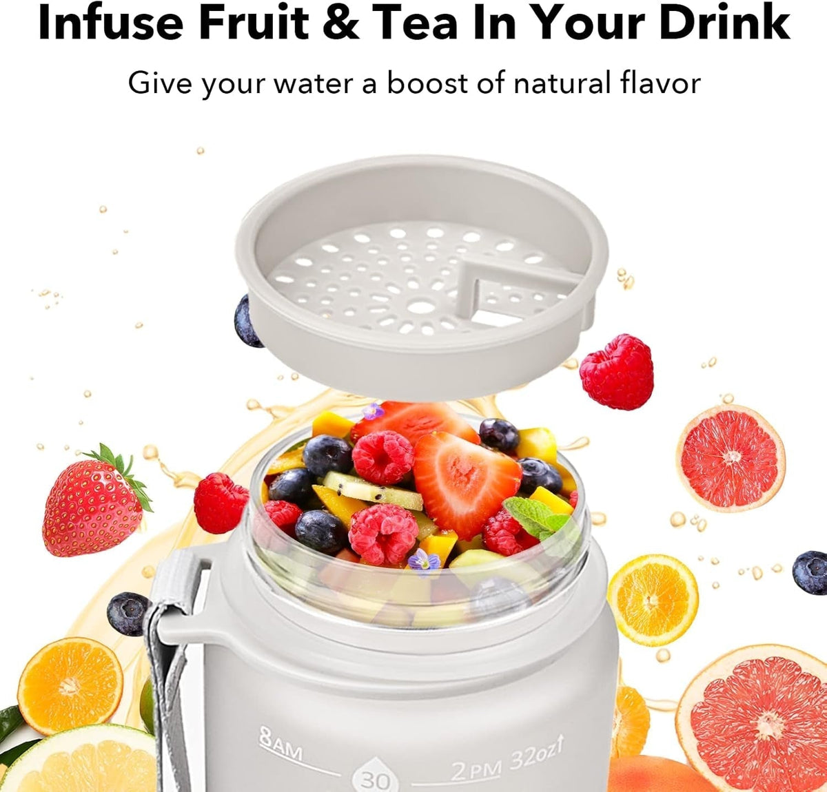 32Oz Motivational Water Bottles with Time Marker and Fruit Strainer, Sports Water Bottle with Times to Drink, Leakproof, Reusable Plastic Bottle with Strap No Straw for Gym, School