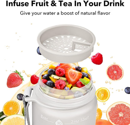 32Oz Motivational Water Bottles with Time Marker and Fruit Strainer, Sports Water Bottle with Times to Drink, Leakproof, Reusable Plastic Bottle with Strap No Straw for Gym, School
