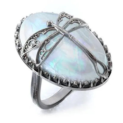 Antique Silver Dragonfly Ring Women's Vintage Big Moonstone Murdoch Diamond Dragonfly Ring Anniversary Gift Engagement Party Wedding Jewelry Rings Size 5-10