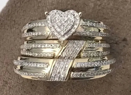 3PCS/Set US European Latest Brand Design Creative Jewelry  Natural Heart White Sapphire Ring Set Romantic Bride Engagement Wedding Ring Set Commitment Ring Anniversary Party Ring Boutique Luxury Christmas Mother's Day Gift Jewelry Size US5-11