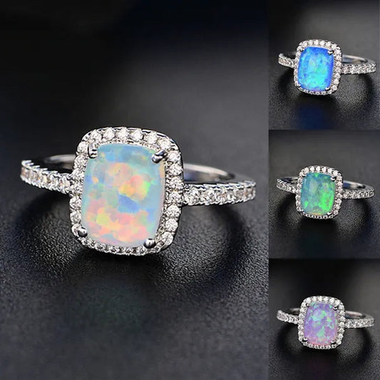 Cushion Cut Opal & CZ 925 Sterling Silver Engagement Wedding Ring for Women Girl Size 5-11