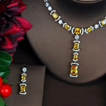 CANDICE Luxury White Gold Plated Bridal Party Jewelry Inlaid AAA Cubic Zirconia Long Drop Dangle Necklace Earrings Set for Women Wedding