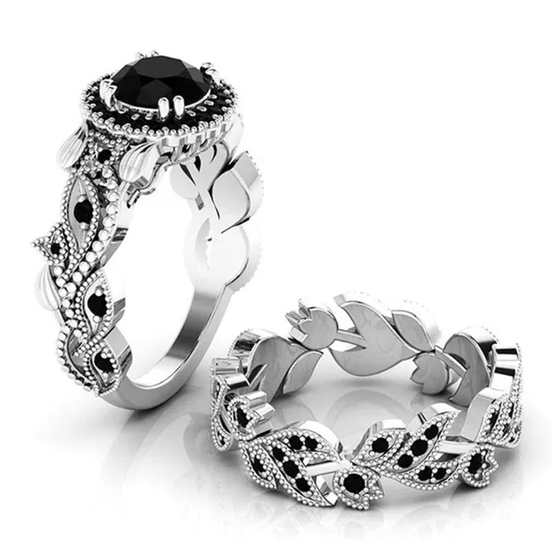 2 Pieces/set of Exquisite Fashion Ideas flowers Ring Black Zircon Ring Flower Vine Ladies Ring Jewelry  Wedding Ring Princess Proposal Ring Anniversary Gift (size: 5-11)