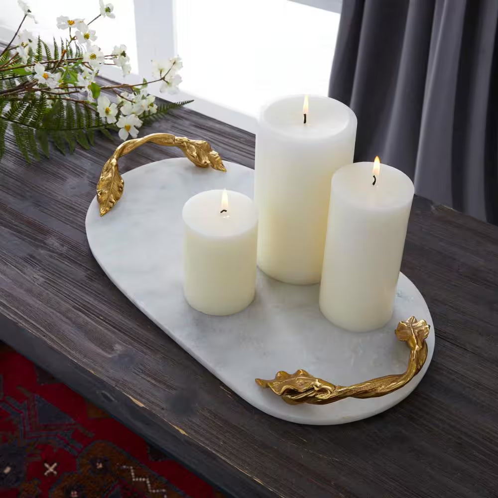 White Marble Decorative Tray with Gold Twisted Leaf Handles