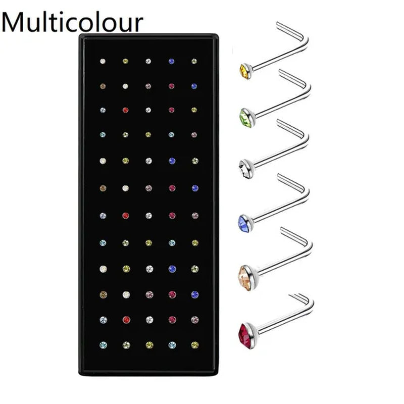 150/100/50PCS Fashion Stainless Steel CZ Crystal L Shape Diamond Rhinestone Nose Ring Body Piercing Stud Jewelry Bone 20 Gauge for Women Girls 2 Types