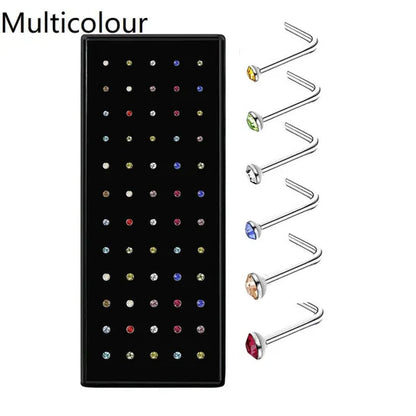 150/100/50PCS Fashion Stainless Steel CZ Crystal L Shape Diamond Rhinestone Nose Ring Body Piercing Stud Jewelry Bone 20 Gauge for Women Girls 2 Types