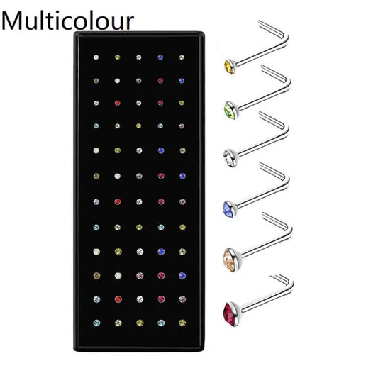 150/100/50PCS Fashion Stainless Steel CZ Crystal L Shape Diamond Rhinestone Nose Ring Body Piercing Stud Jewelry Bone 20 Gauge for Women Girls 2 Types