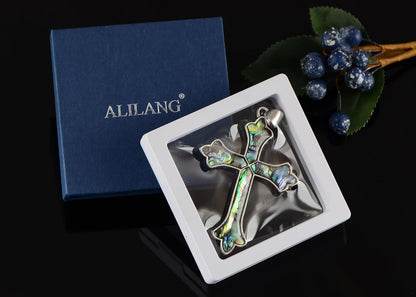Vintage Inspired Silvery Tone Abalone Shell Religious Cross Pendant Necklace