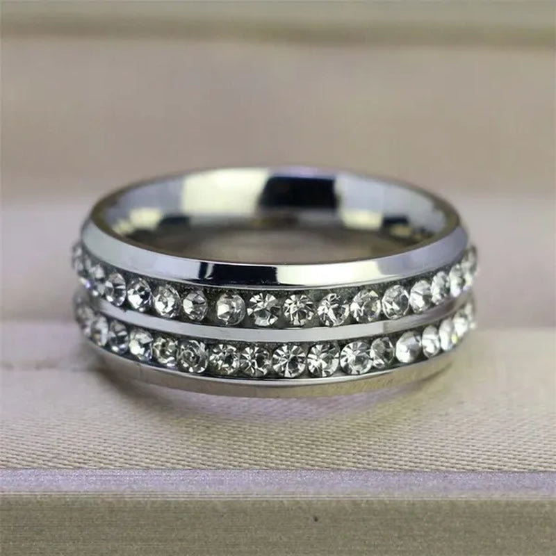 2020 Romantic Couple Jewelry Men's 316 Stainless Steel Double Row Zircon Ring And Ladies Heart Ring Set Couple Ring Bride Wedding Engagement Jewelry(Include: man ring or woman ring)
