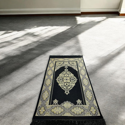 Muslim Prayer Rug, Islamic Gift Set, Velvet Full Arabic Quran, Elegant Kaaba Design Box, Ayat El Kursi Table Top, Prayer Beads, Bookmark, Janamaz, Salah Mat (KAABA)