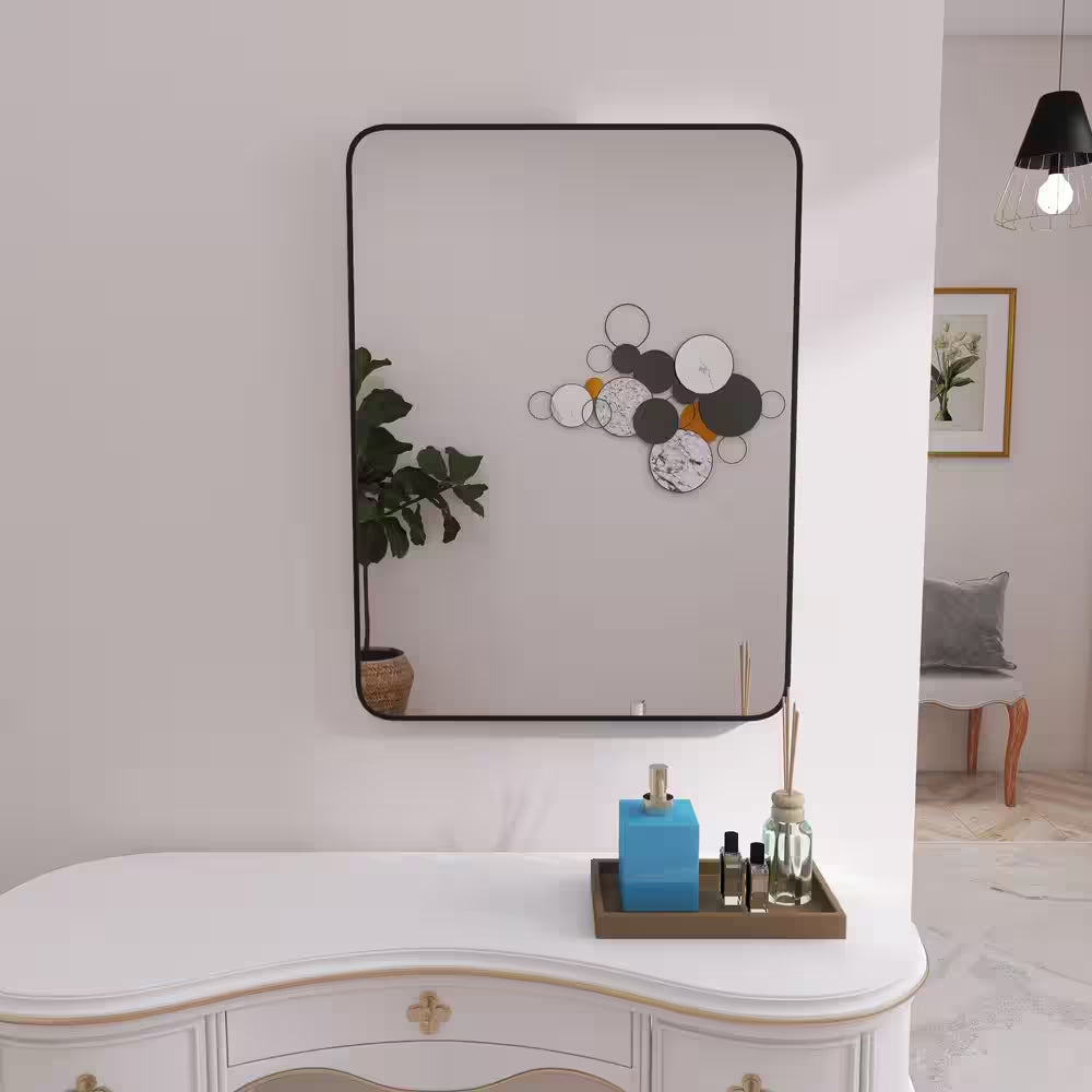 24 In. W X 32 In. H Rectangular Metal Framed Wall Bathroom Vanity Mirror in Matte Black
