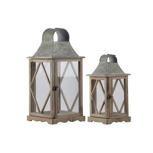 Urban Trends Collection 23805 Wood Square Lantern with Metal Top, Ring Handle & Side Diamond Design Body, Natural Wood Finish Brown - Set of 2