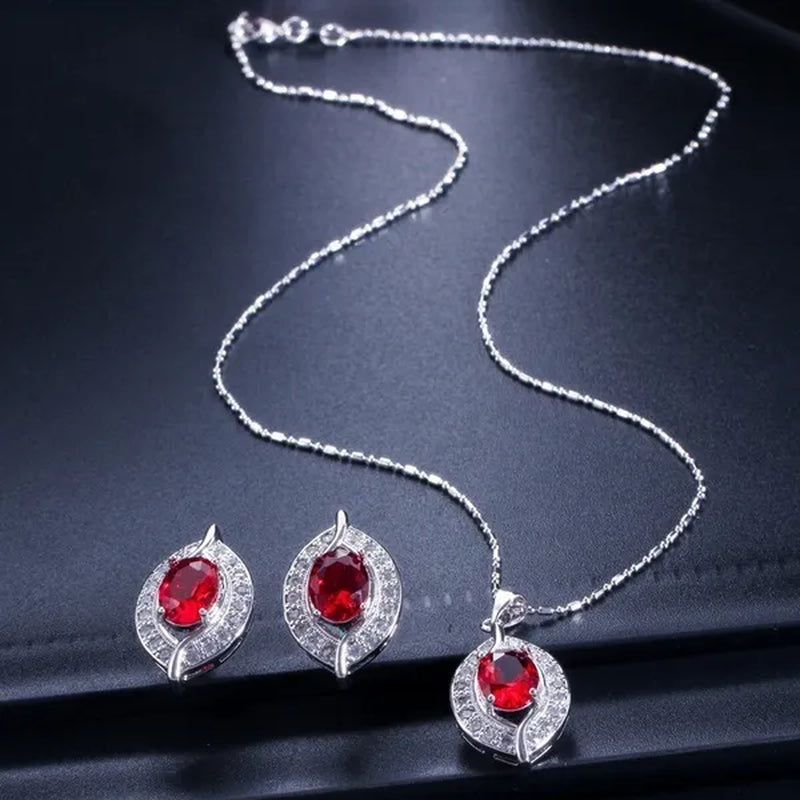 Gloriya Designer Silver Plated Jewelry Sets Inlaid Oval Red CZ Teardrop Pendant Necklace Earrings and Ring Set for Lady Fashion