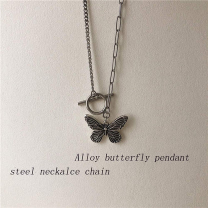Dainty Simple Boho Steel Chain Necklace Choker Silver Butterfly Pendant Necklaces for Women