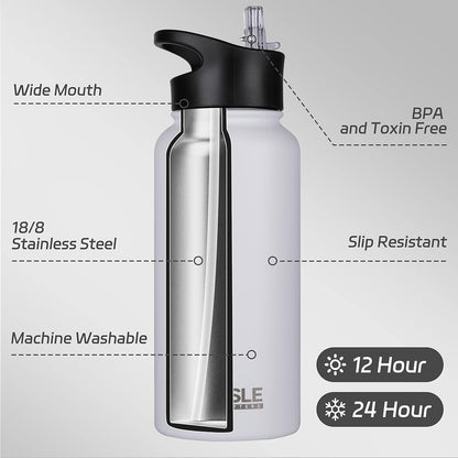 32 Oz Insulated Water Bottle Stainless Steel Double Walled Vacuum Sports Water Bottle with 2 Lids (Straw and Spout Lid) for Gym Camping Hiking(White,1)
