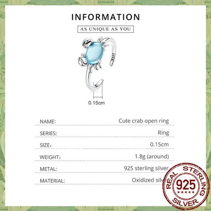 925 Sterling Silver Cute Crab Open Ring In Sterling Silver Delicate Blue Zircon Ring for Women Fashion Jewelry