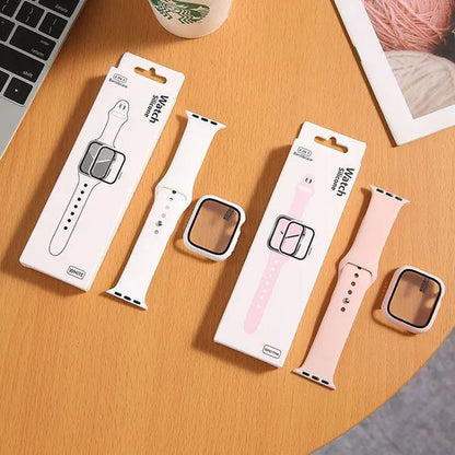 LEIXIUER Tempered Glass with Case Sport Silicone Strap for Smart Watch series  8 7 6 SE 2 3 4 5 1 for Smart Watch45mm 41mm 44mm 40mm 38mm 42mm 44 mm Sport Soft screen protector band bracelet（ Case and strap are packaged separately !）