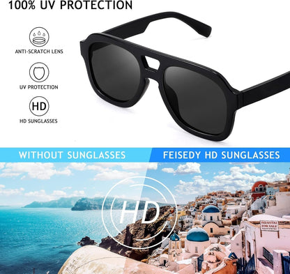 Vintage Aviator Sunglasses Double Bridge Women Men Large Square Thick Frame Trendy Eyewear UV400 B2846