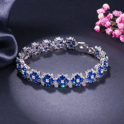 CANDICE Fashion Wonem Sterling Silver Plated Charm Flower Jewelry with Blue Crystal Stone Wedding Bracelet Bangle for Ladies Fine Jewelry