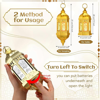 4 Pcs Ramadan Lantern Hanging Hexagon Decorations Ramadan Mubarak Lantern LED Eid Mubarak Lights Kids Gifts for Home Muslim Islam Festival Porch Decor(Electroplated Gold)
