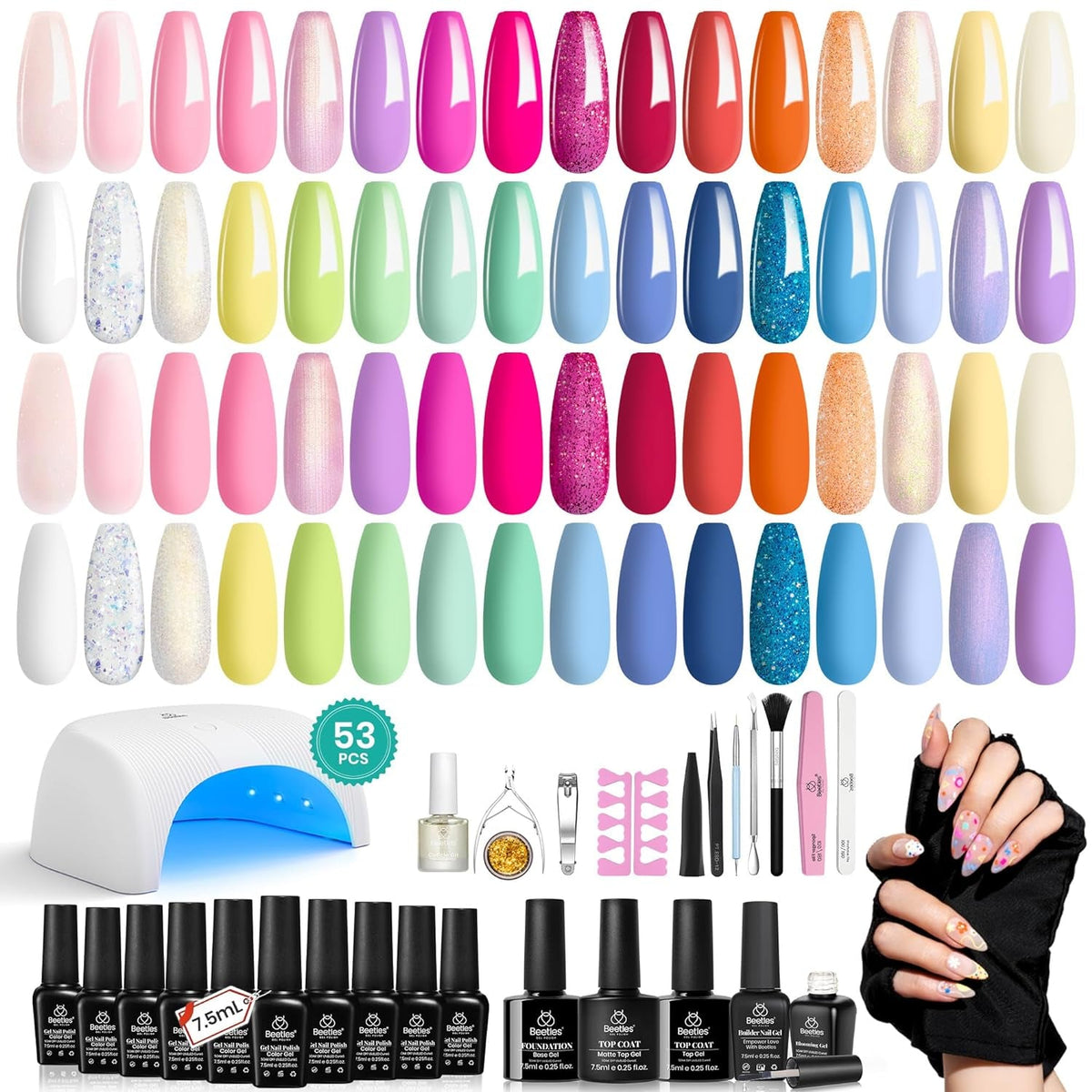 Beetles 23Pcs Gel Nail Polish Kit with Glossy Matte Top Coat and Base Coat Girls Night Collection White Nude Gray Glitters Gel Nail Polish Set U V Soak Off Holiday Manicure for Women Girls