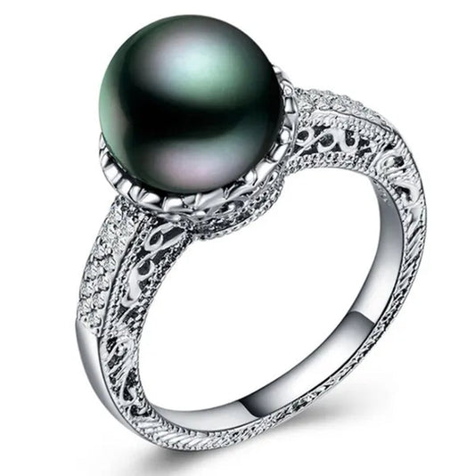 Silver Black Pearl & White Topaz Engagement Ring Jewelry